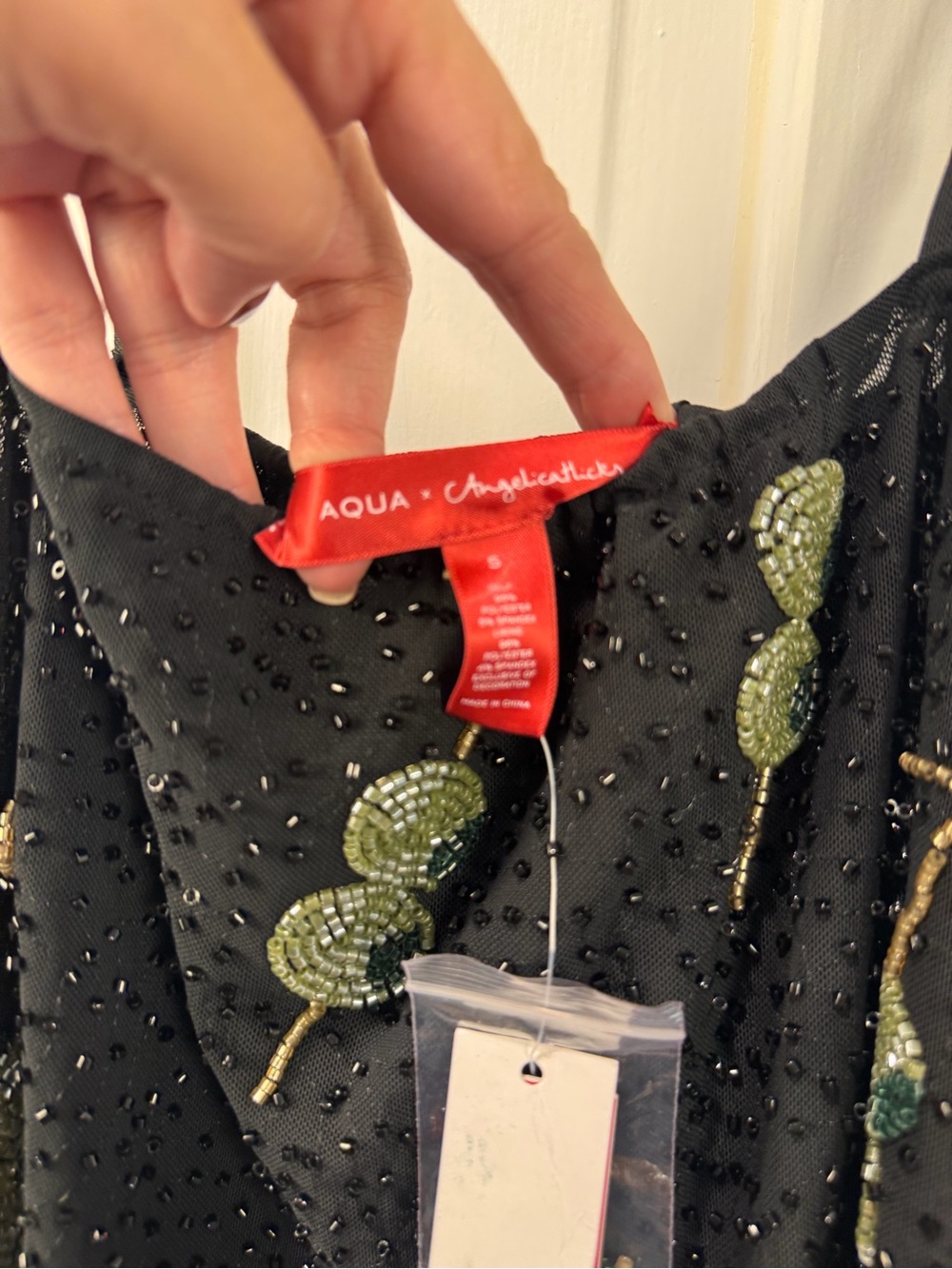 Bloomingdale's Black Beaded Mini Dress with Green and Gold Embroidery - Picture 7 of 7